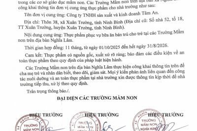 Công khai đơn vị cung ứng thực phẩm cho các trường mầm non trên địa bàn xã Nghĩa Lâm